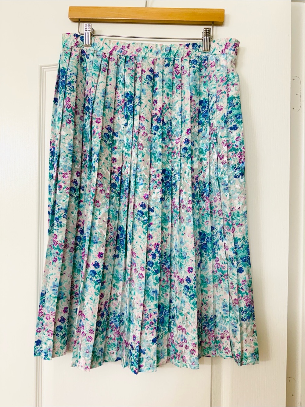 Vintage Andrea Gayle Petites • Floral Pleated Midi Skirt Cottagecore Blue Green